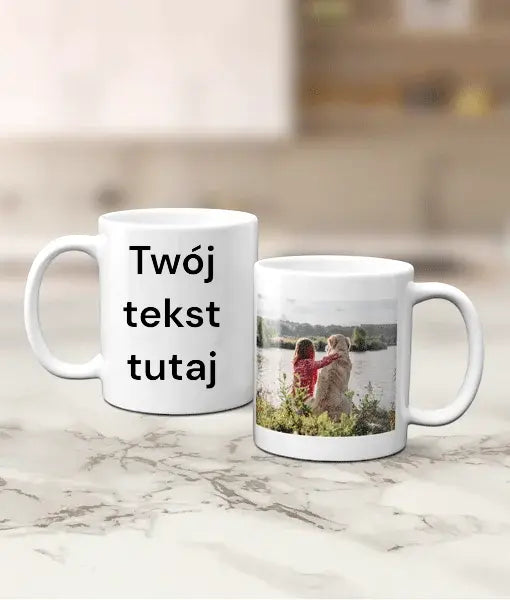 Personalizowany kubek z własnym zdjęciem i tekstem po obu stronach