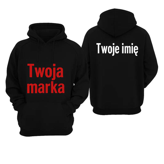 Czarna bluza z własnym napisem z przodu i imieniem z tyłu – miejsce na personalizację logo wybranej marki samochodowej.

