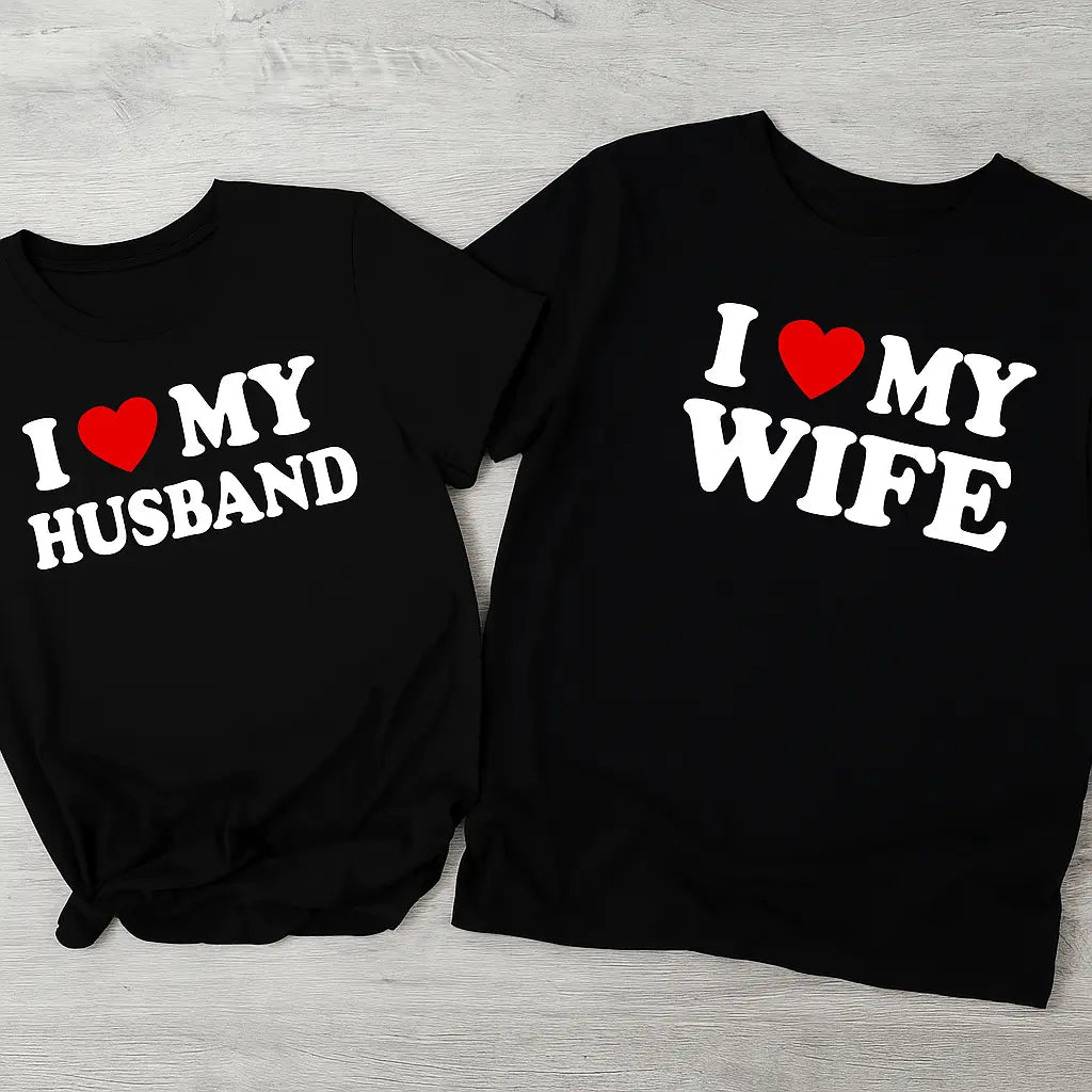 Czarne koszulki dla par z nadrukiem "I ❤️ My Wife" i "I ❤️ My Husband